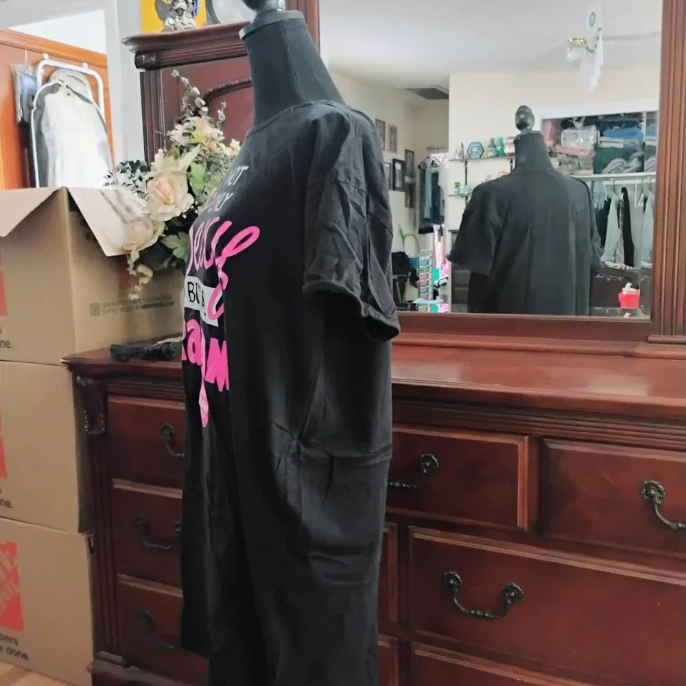 Long Black Short Sleeve Cotton Gown with Printed front - Picture 2 of 5